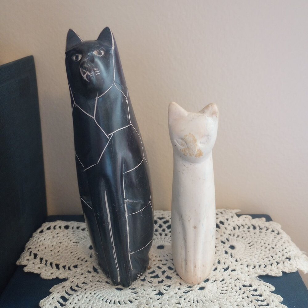 Vintage Hand Carved Soapstone Cat Figurines from Kenya 6" & 4.5" tall